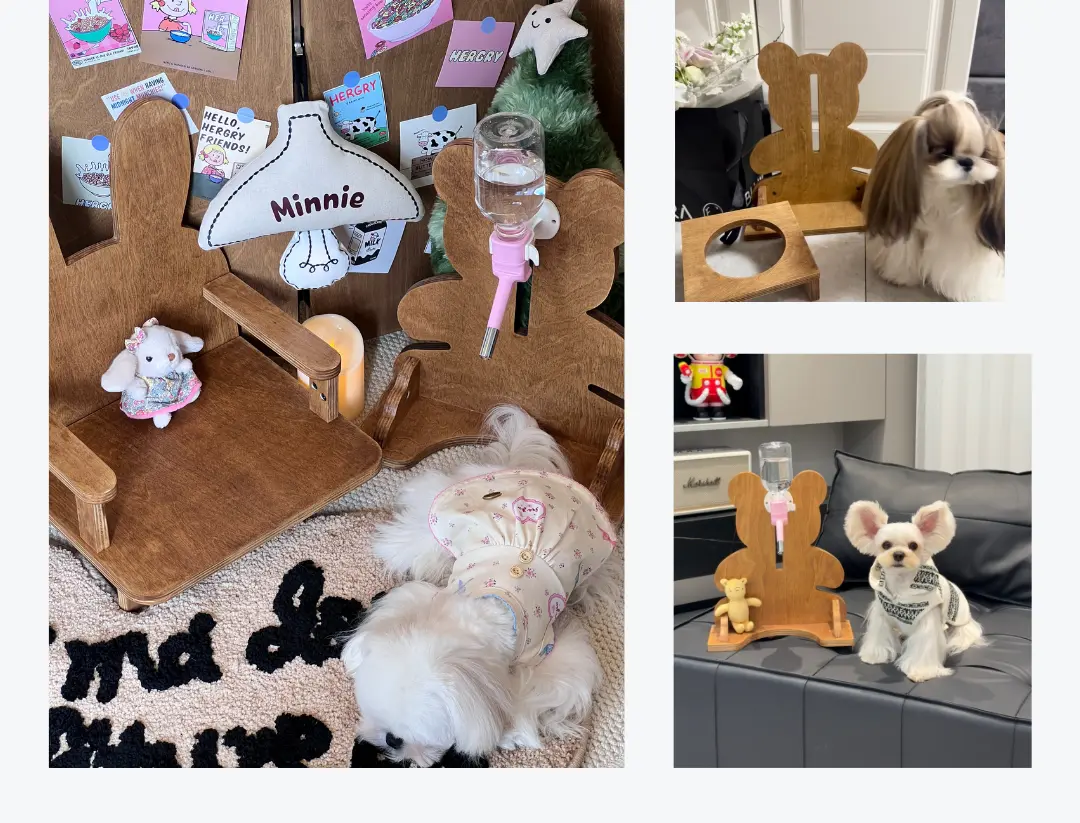 wooden pet water bowl stand in a customer's home - Bear Pet Water Bottle Stand
